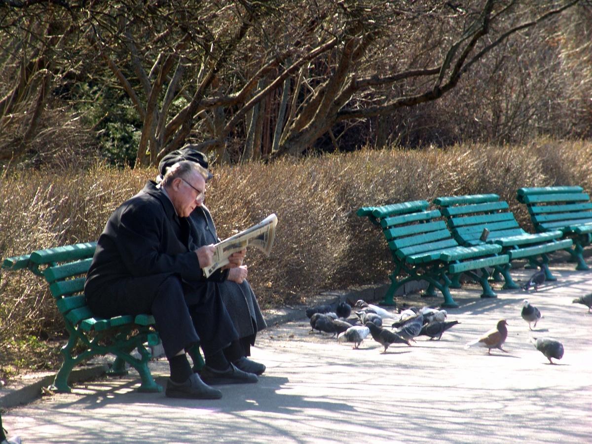 Пенсионеры на лавочке читают газету
